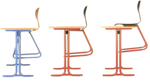 Nr. 1191: Undervisningsmbler/skolembler. PAGTRsstolen ASS og FF i rundrr Kan ophnges under bordpladen og frisvinger stolen kan ogs placeres oven p bordpladen.