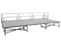 Nr. 1586: Fold og St (Fold-N-Set). Systemet er hurtigt at montere og konomisk.
X Letvgtsstativer i alu, som foldes fladt sammen for minimum af plads.Ml dk: 122x244 eller 91x244 cm.
X Let indstillelig i hjden for total total flexibilitet. Stativ fs i 6 hjde varianter: 1: kun 30, 2: 40-50-60, 3: 60-70-80-90, 4: 90-100-110-120, 5: 100-110-120-130-140-150-160, 6: 120-130-140-150-160-170-180 cm. Stilleskruer i ben.
X Brobygning i alle retninger med lse dk, hvilket reducerer antallet af understel og giver fri plads nedenunder for opbevaring etc.
X Hurtig opstilling. En tribune p 225 m2 kan sttes op af 4 mand p 90 minutter.