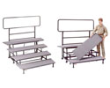Nr. 1619: HARMONI korpodier leveres med 3 eller 4 trin og integreret rkvrk bag til. Trinene er tppebelagt i gr farve. Sammenklappelige og kre p hjul. Lette at hndtere for en person og sttes op p ingen tid. Hver enhed er sin egen og indeholder alt og sammensat med andre kan der dannes strre lige eller kurvede opstillinger, idet trinene uden vrktj let kan tages af og vendes alt efter den konfiguration, man nsker. Integreret ls for sammenkobling af enhederne. Tilbehr 1 st siderkvrk. I lukket tilstand hgtes side rkvrkerne p podiets bagside. Af sikkerhedsmssige rsager tilrdes det at bruge side rkvrk.
 
3 trins korpodie: bnet:  H 174 x D 141 x B 184 cm.
                  Lukket: H 120 x D  71 x B 184 cm.
                  Trinstigning: 20-41-61 cm. Trin dybde 45,7 cm
4 trins korpodie: bnet:  H 194 x D 184 x B 198 cm.
                  Lukket: H 140 x D  76 x B 198 cm.
                  Trinstigning: 20-41-61-81 cm. Trin dybde 45,7 cm
   