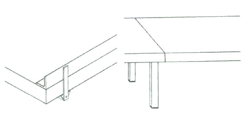 Nr. 1237: Venstre tegning viser stolekantliste, som bruges nr elementerne bruges i forskellige hjder sledes at stole med skr bagben ikke ikke kan falde ned. Hjre tegning viser sammenkobling af element med ben og element uden  ben. Her bruges vort speciale lynkobling i stbt alu.